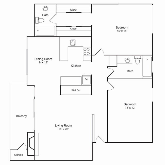 2x2 B Renovated floor plan